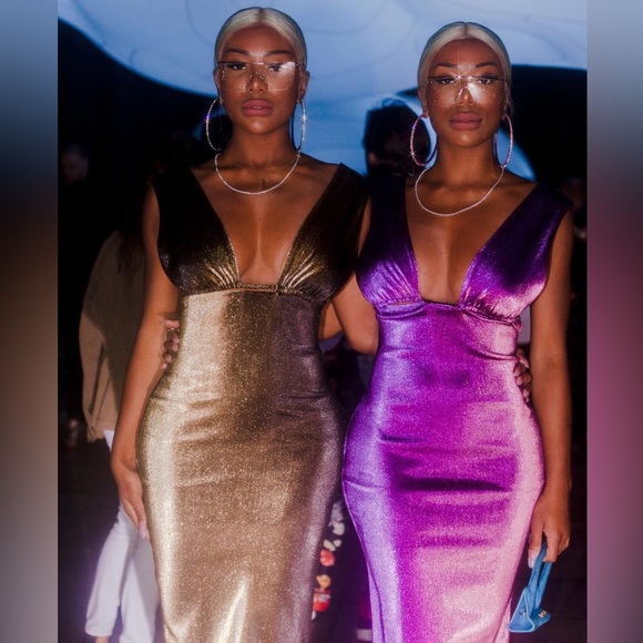 FINAL PRICE. AREA Lamé Plunge Midi Dress - Picture 3 of 7